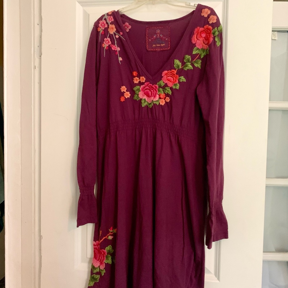 Purple Johnny was Dress with Floral Embroidery